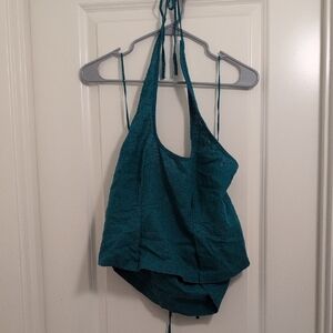 NWT FREE PEOPLE Linen Halter Top With Tie Back, Tropic Teal